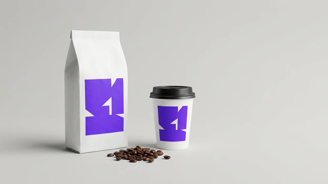 Bedrukte koffiezak met espressobonen en een beker