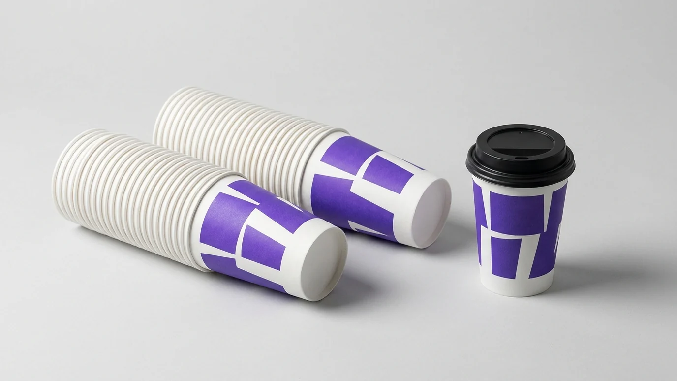 Stapels bedrukte papieren koffiebekers uit een productieronde